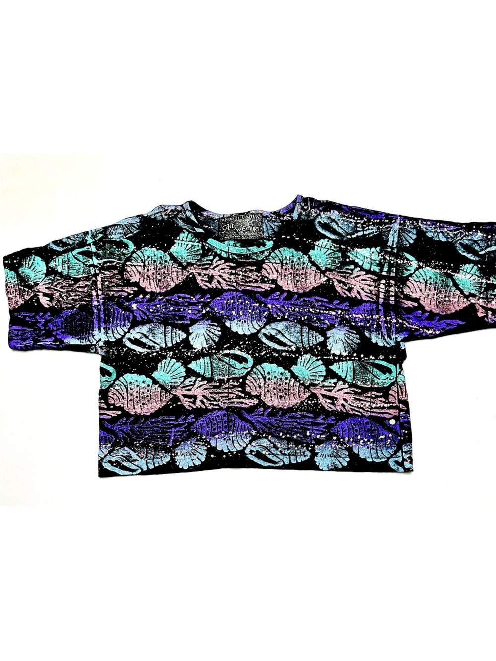 HAND PAINTED VTG  ART TO WEAR SEASHELLS BLOUSE CROP TOP COSTAL BEACH LAGENLOOK M